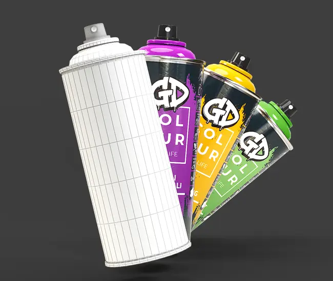 Wireframe spray can and rendered product images